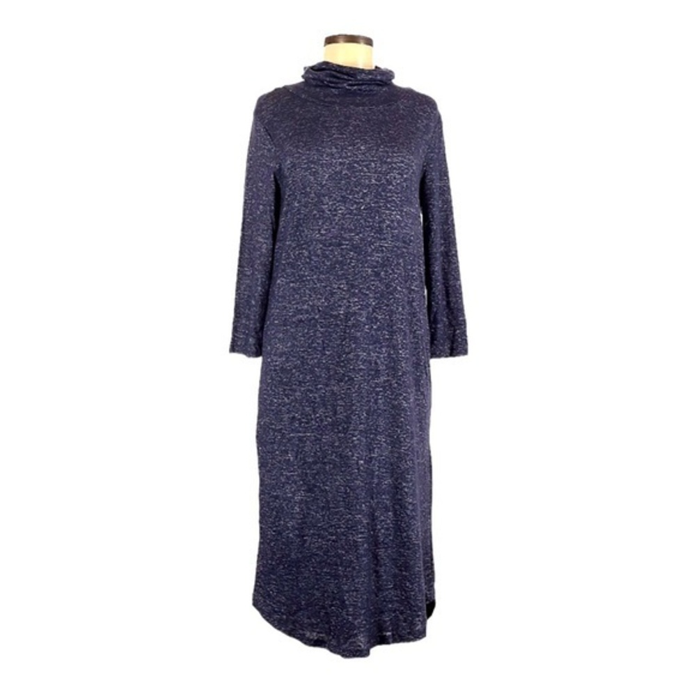 NWT Bobeau M blue marl‎ cowl neck built in face cover 3/4 sleeve midi knit dress